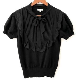 Lace Pintuck Trimmed Short Sleeve Sweater Size L